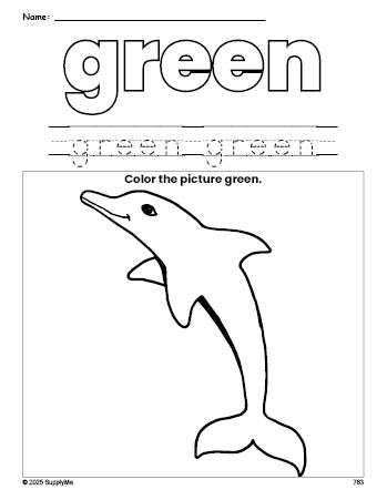 Free dolphin color green coloring page and color worksheet, green worksheet for preschoolers to learn colors, printable PDF