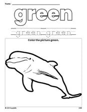 Free dolphin color green coloring page and color worksheet, green worksheet for preschoolers to learn colors, printable PDF