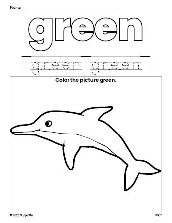 Free dolphin color green coloring page and color worksheet, green worksheet for preschoolers to learn colors, printable PDF