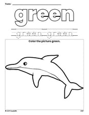 Free dolphin color green coloring page and color worksheet, green worksheet for preschoolers to learn colors, printable PDF