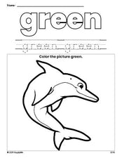 Free dolphin color green coloring page and color worksheet, green worksheet for preschoolers to learn colors, printable PDF