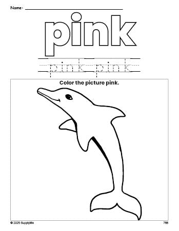 Free dolphin color pink coloring page and color worksheet, pink worksheet for preschoolers to learn colors, printable PDF