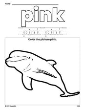 Free dolphin color pink coloring page and color worksheet, pink worksheet for preschoolers to learn colors, printable PDF