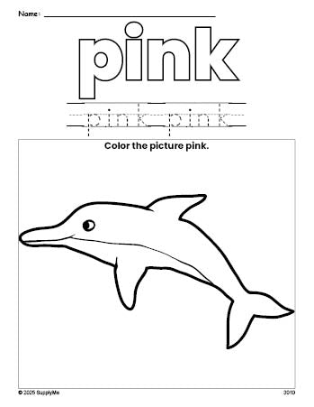 Free dolphin color pink coloring page and color worksheet, pink worksheet for preschoolers to learn colors, printable PDF