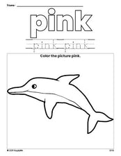 Free dolphin color pink coloring page and color worksheet, pink worksheet for preschoolers to learn colors, printable PDF