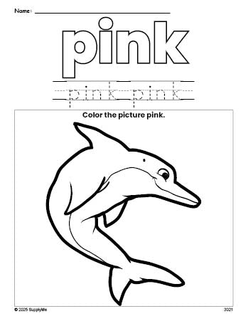 Free dolphin color pink coloring page and color worksheet, pink worksheet for preschoolers to learn colors, printable PDF