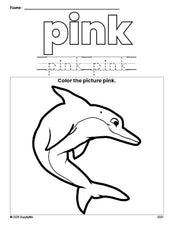 Free dolphin color pink coloring page and color worksheet, pink worksheet for preschoolers to learn colors, printable PDF