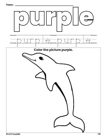 Free dolphin color purple coloring page and color worksheet, purple worksheet for preschoolers to learn colors, printable PDF