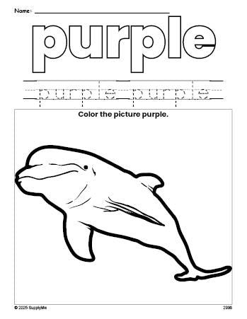 Free dolphin color purple coloring page and color worksheet, purple worksheet for preschoolers to learn colors, printable PDF