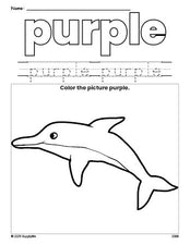 Free dolphin color purple coloring page and color worksheet, purple worksheet for preschoolers to learn colors, printable PDF