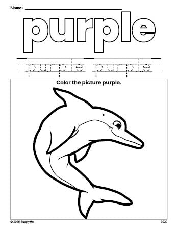 Free dolphin color purple coloring page and color worksheet, purple worksheet for preschoolers to learn colors, printable PDF