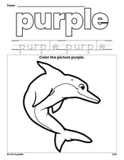 Free dolphin color purple coloring page and color worksheet, purple worksheet for preschoolers to learn colors, printable PDF