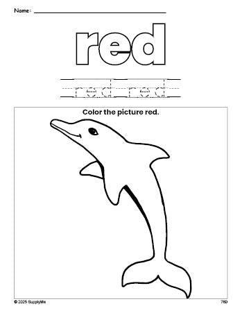 Free dolphin color red coloring page and color worksheet, red worksheet for preschoolers to learn colors, printable PDF