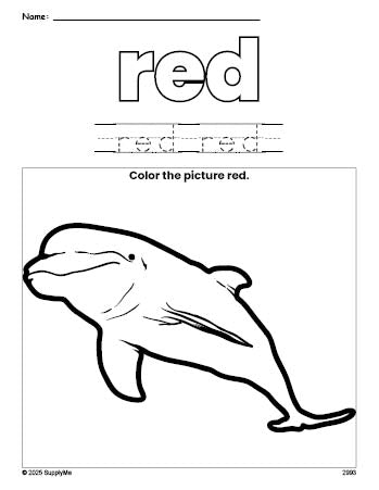 Free dolphin color red coloring page and color worksheet, red worksheet for preschoolers to learn colors, printable PDF