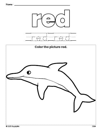 Free dolphin color red coloring page and color worksheet, red worksheet for preschoolers to learn colors, printable PDF