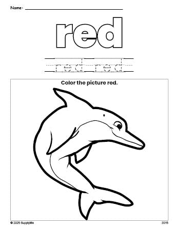 Free dolphin color red coloring page and color worksheet, red worksheet for preschoolers to learn colors, printable PDF