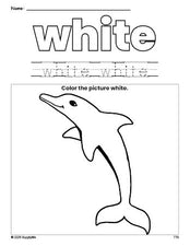 Free dolphin color white coloring page and color worksheet, white worksheet for preschoolers to learn colors, printable PDF