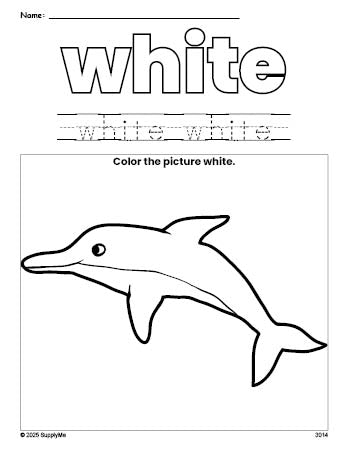 Free dolphin color white coloring page and color worksheet, white worksheet for preschoolers to learn colors, printable PDF