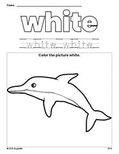 Free dolphin color white coloring page and color worksheet, white worksheet for preschoolers to learn colors, printable PDF