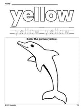 Free dolphin color yellow coloring page and color worksheet, yellow worksheet for preschoolers to learn colors, printable PDF