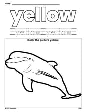 Free dolphin color yellow coloring page and color worksheet, yellow worksheet for preschoolers to learn colors, printable PDF