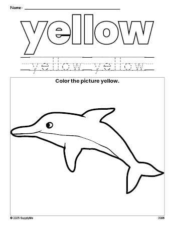 Free dolphin color yellow coloring page and color worksheet, yellow worksheet for preschoolers to learn colors, printable PDF