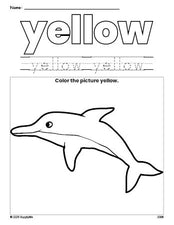 Free dolphin color yellow coloring page and color worksheet, yellow worksheet for preschoolers to learn colors, printable PDF