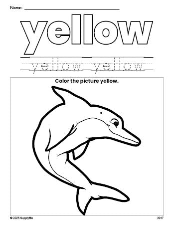 Free dolphin color yellow coloring page and color worksheet, yellow worksheet for preschoolers to learn colors, printable PDF