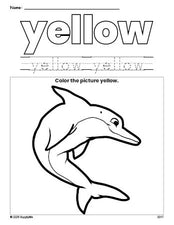 Free dolphin color yellow coloring page and color worksheet, yellow worksheet for preschoolers to learn colors, printable PDF