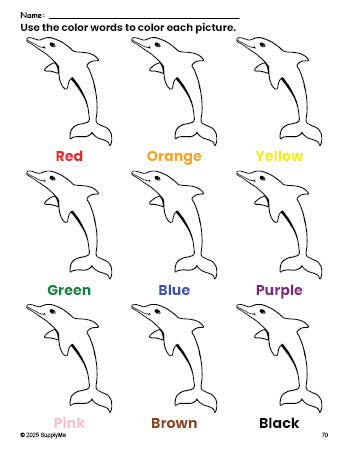 Free dolphin coloring page and color worksheet for preschoolers to learn colors, printable PDF