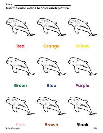 Free dolphin coloring page and color worksheet for preschoolers to learn colors, printable PDF