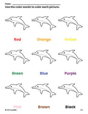 Free dolphin coloring page and color worksheet for preschoolers to learn colors, printable PDF