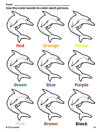 Free dolphin coloring page and color worksheet for preschoolers to learn colors, printable PDF