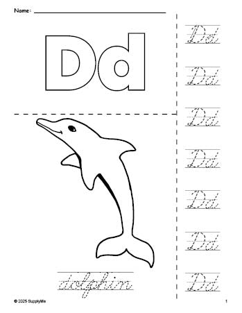 Free printable dolphin coloring page and cursive letter tracing worksheet, letter d worksheet for preschool, pre-k, and kindergarten, PDF