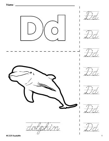 Free printable dolphin coloring page and cursive letter tracing worksheet, letter d worksheet for preschool, pre-k, and kindergarten, PDF