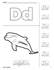 Free printable dolphin coloring page and cursive letter tracing worksheet, letter d worksheet for preschool, pre-k, and kindergarten, PDF