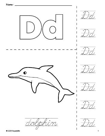 Free printable dolphin coloring page and cursive letter tracing worksheet, letter d worksheet for preschool, pre-k, and kindergarten, PDF