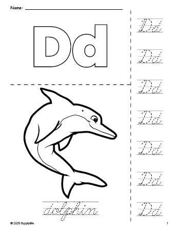 Free printable dolphin coloring page and cursive letter tracing worksheet, letter d worksheet for preschool, pre-k, and kindergarten, PDF