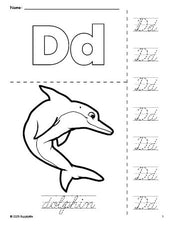 Free printable dolphin coloring page and cursive letter tracing worksheet, letter d worksheet for preschool, pre-k, and kindergarten, PDF