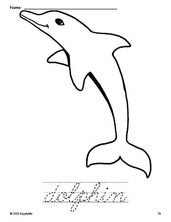 Free printable dolphin coloring page and cursive word tracing worksheet, perfect for preschool, pre-k, and kindergarten, PDF