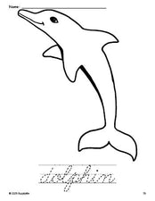 Free printable dolphin coloring page and cursive word tracing worksheet, perfect for preschool, pre-k, and kindergarten, PDF