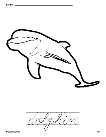 Free printable dolphin coloring page and cursive word tracing worksheet, perfect for preschool, pre-k, and kindergarten, PDF