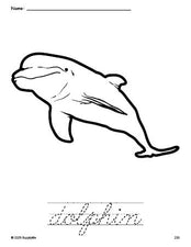 Free printable dolphin coloring page and cursive word tracing worksheet, perfect for preschool, pre-k, and kindergarten, PDF