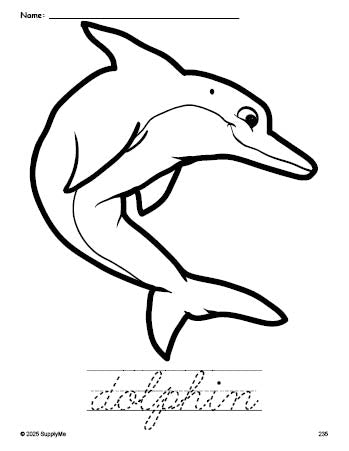 Free printable dolphin coloring page and cursive word tracing worksheet, perfect for preschool, pre-k, and kindergarten, PDF