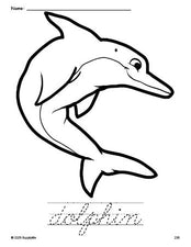 Free printable dolphin coloring page and cursive word tracing worksheet, perfect for preschool, pre-k, and kindergarten, PDF