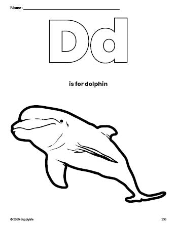 Free printable dolphin coloring page, letter d coloring page for preschool, pre-k, and kindergarten, PDF