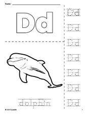 Free printable dolphin coloring page and letter tracing worksheet, letter d worksheet for preschool, pre-k, and kindergarten, PDF