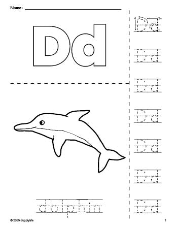 Free printable dolphin coloring page and letter tracing worksheet, letter d worksheet for preschool, pre-k, and kindergarten, PDF