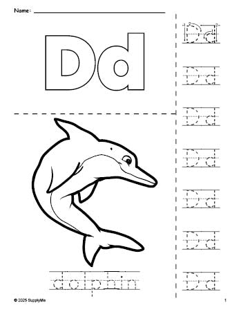 Free printable dolphin coloring page and letter tracing worksheet, letter d worksheet for preschool, pre-k, and kindergarten, PDF