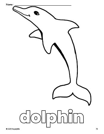 Free printable dolphin coloring page for preschool, pre-k, and kindergarten, PDF